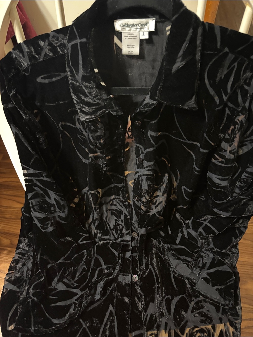 Coldwater Creek Black Velvet Floral Button-Front Blouse